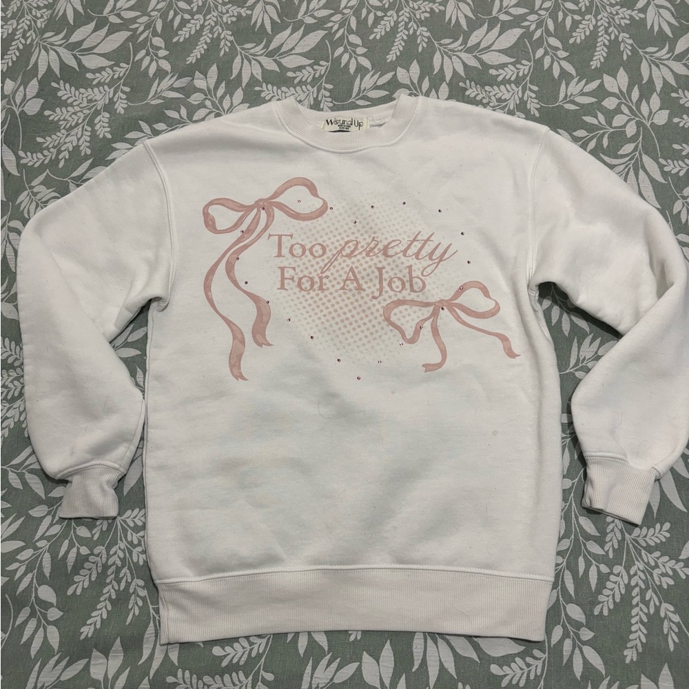 Wildfox White and Pink Crewneck Sweater with Graphic Design